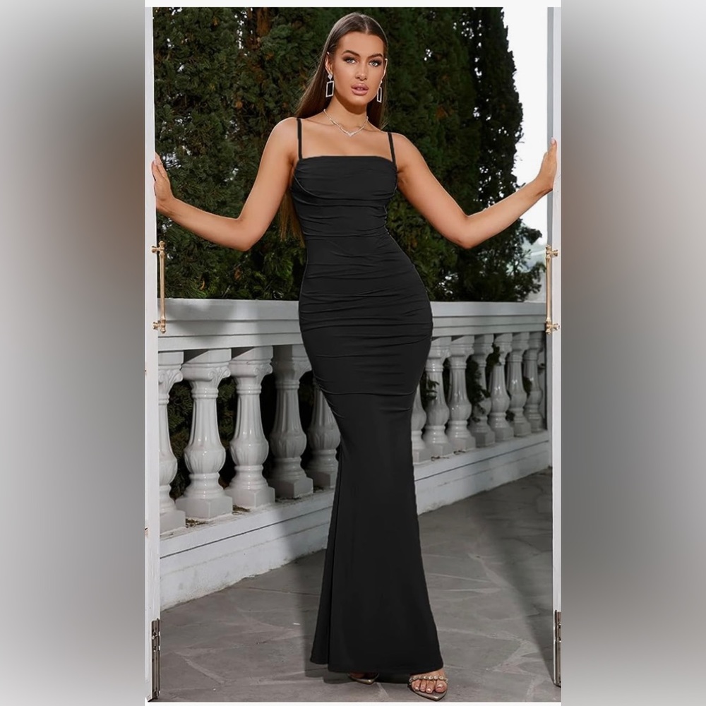 Bodycon Dress Spaghetti Strap Ruched Elegant Evening Party Long Dresses